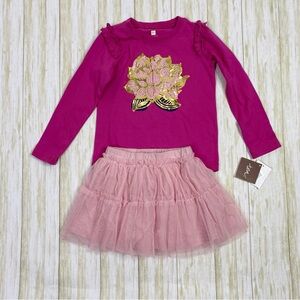 Tea Pink Long Sleeve Lotus Flower Tee and Tutu Skirt